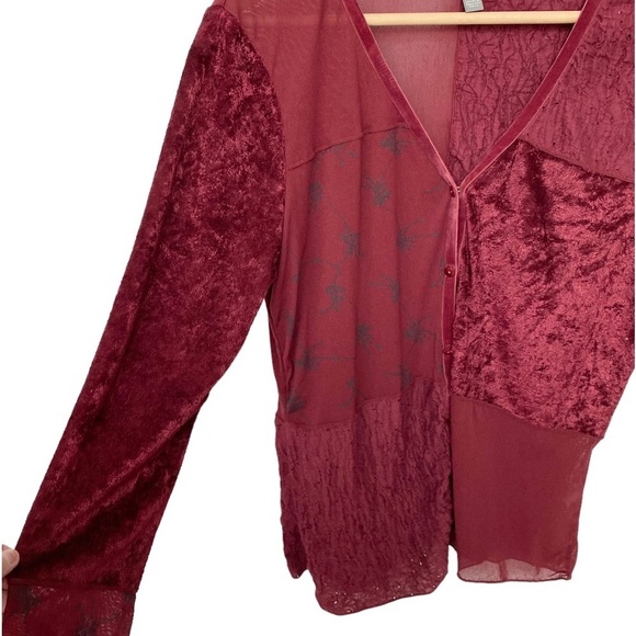 J Jill deep red velvet accents partially sheer button down Top - Picture 3 of 12